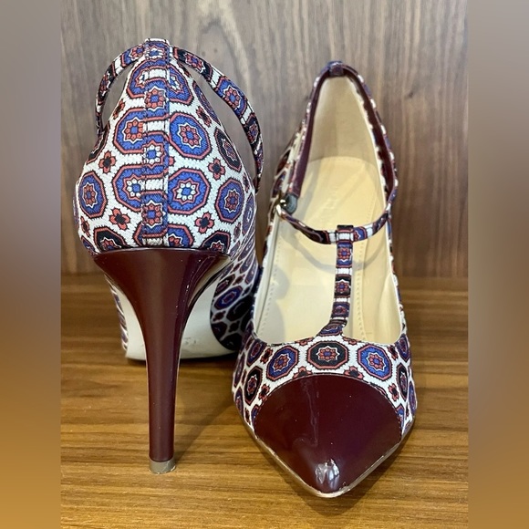 Rare EUC JCREW Everly T-Strap Cap Toe Pump 7.5 Ratti Silk Foulard Burgundy Multi - Picture 3 of 12